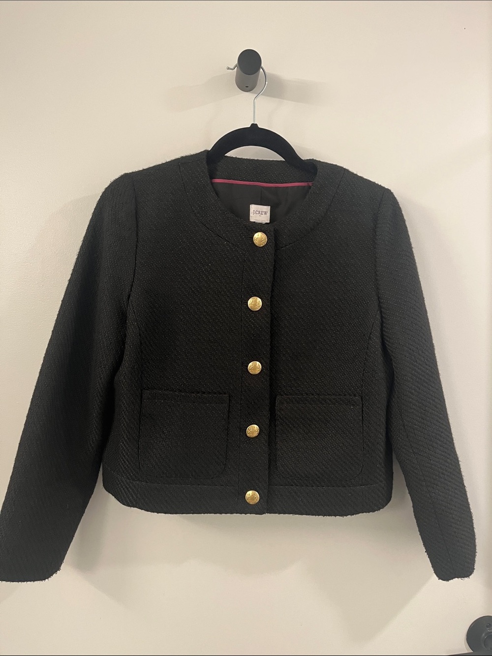J. Crew Black Textured Boxy Tweed Petite Lady Jacket with Gold Buttons